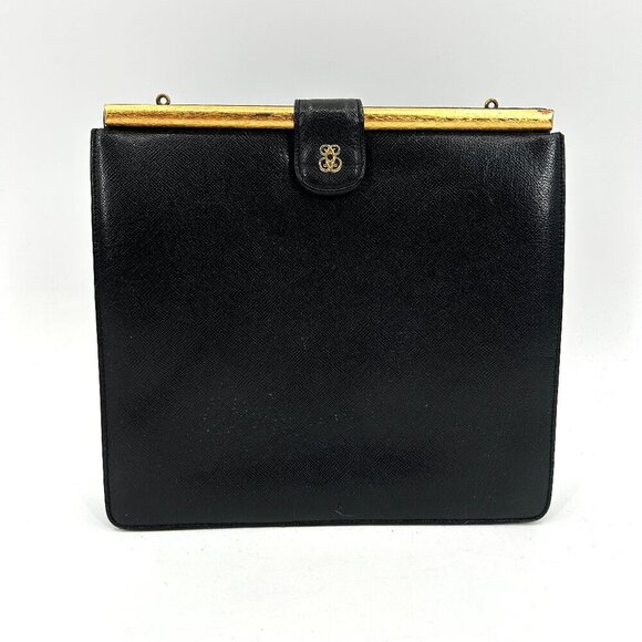 BIENEN DAVIS Vintage 1950's Black Leather Accordion Square Hand Bag Purse - Picture 1 of 8